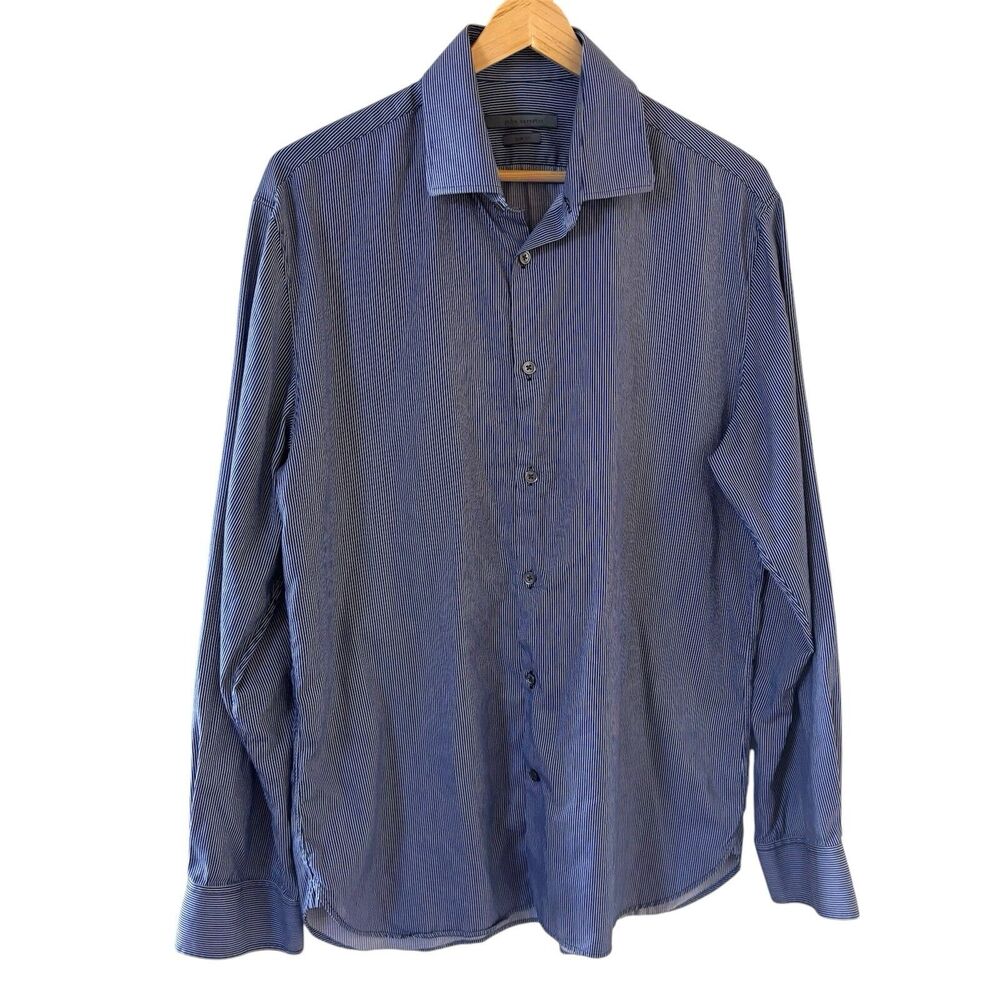 John Varvatos‎ Mens Dress Shirt Preppy Slim Blue 16 (34-35) Designer USA Luxury